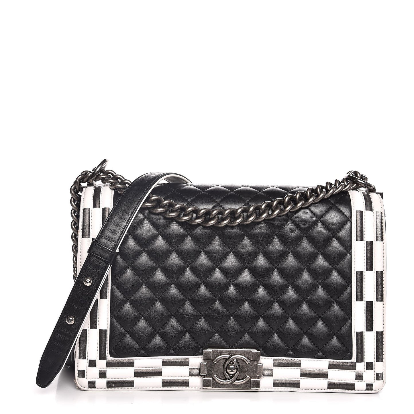 Calfskin Quilted Checkerboard Trim New Medium Boy Flap Black White