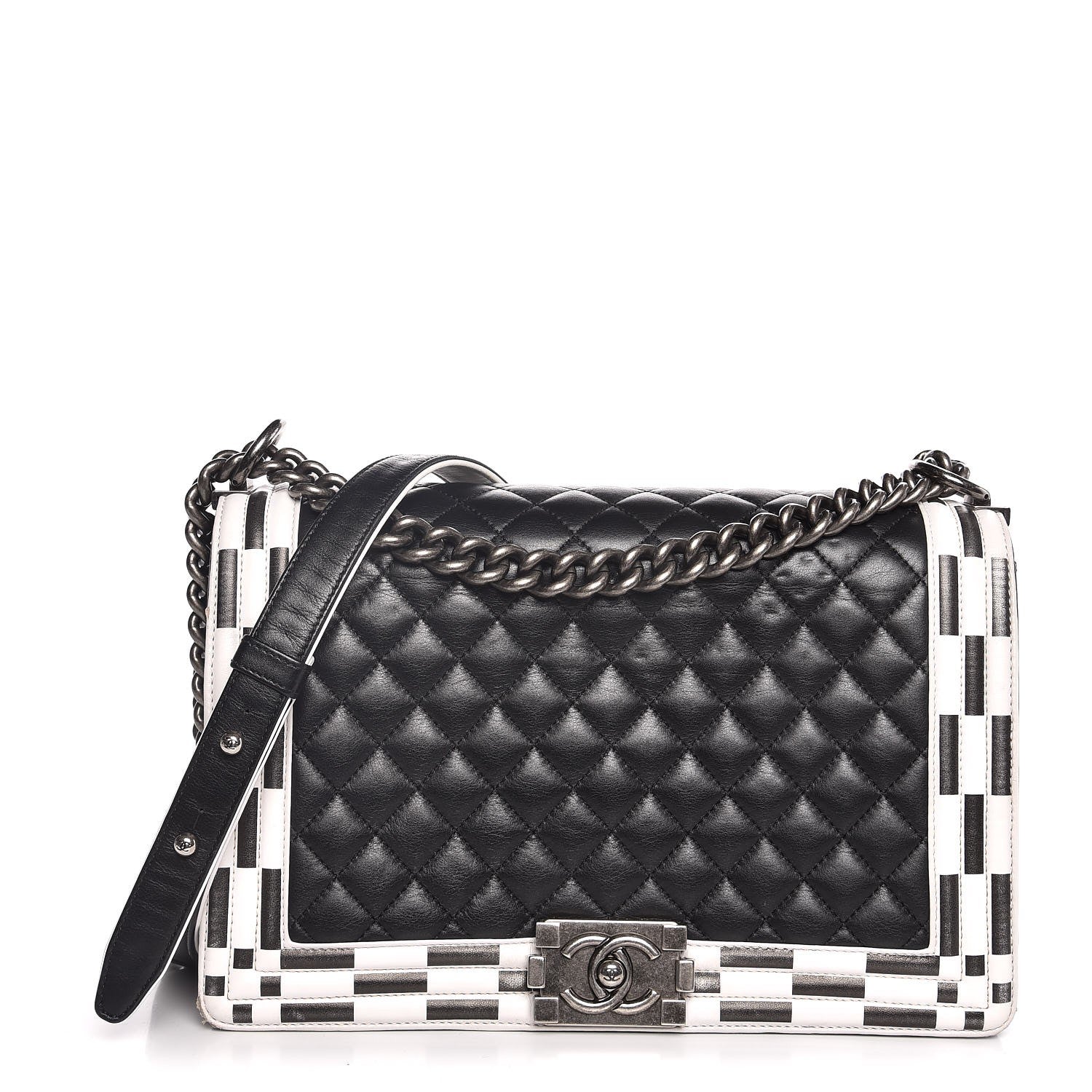 Chanel Calfskin Quilted Checkerboard Trim New Medium Boy Flap Black White 1 of 13