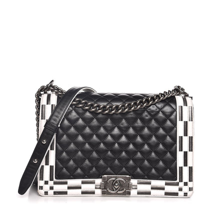 Chanel Calfskin Quilted Checkerboard Trim New Medium Boy Flap Black White 1 of 13
