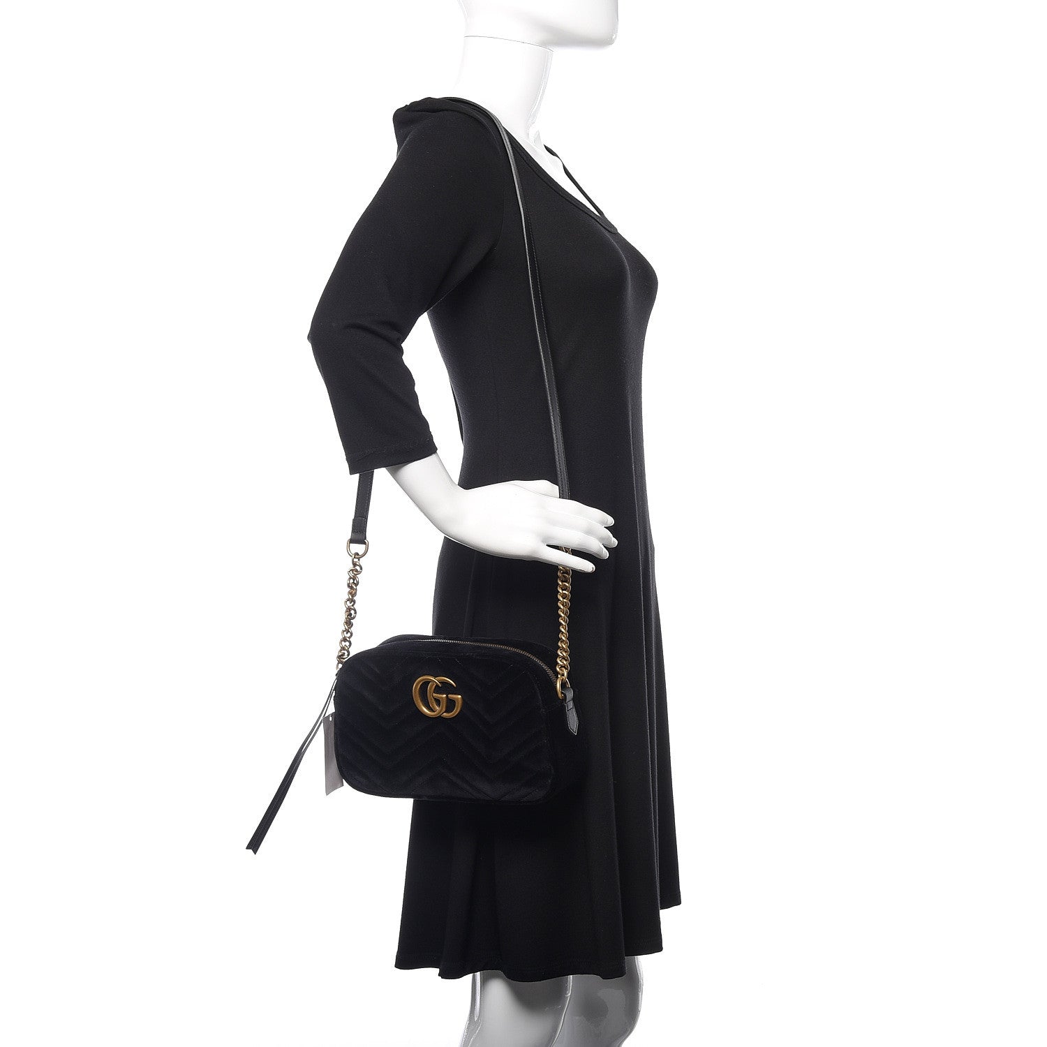 Gucci Velvet Matelasse Small GG Marmont Chain Shoulder Bag Black 2 of 10
