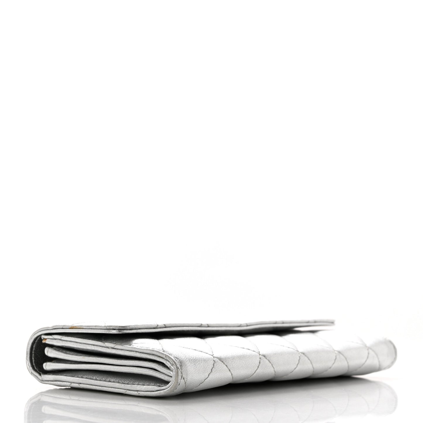 Metallic Lambskin Quilted Long Flap Wallet Silver