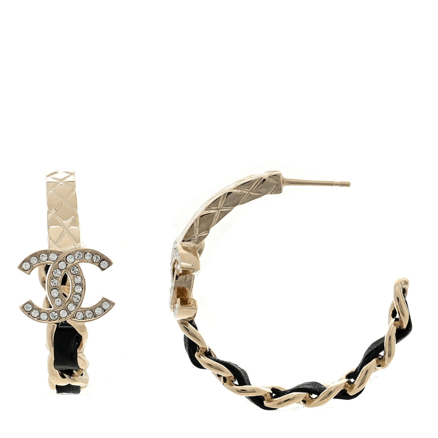 Chanel Metal Crystal Lambskin Quilted CC Chain Hoop Earrings Gold Black 1 of 4
