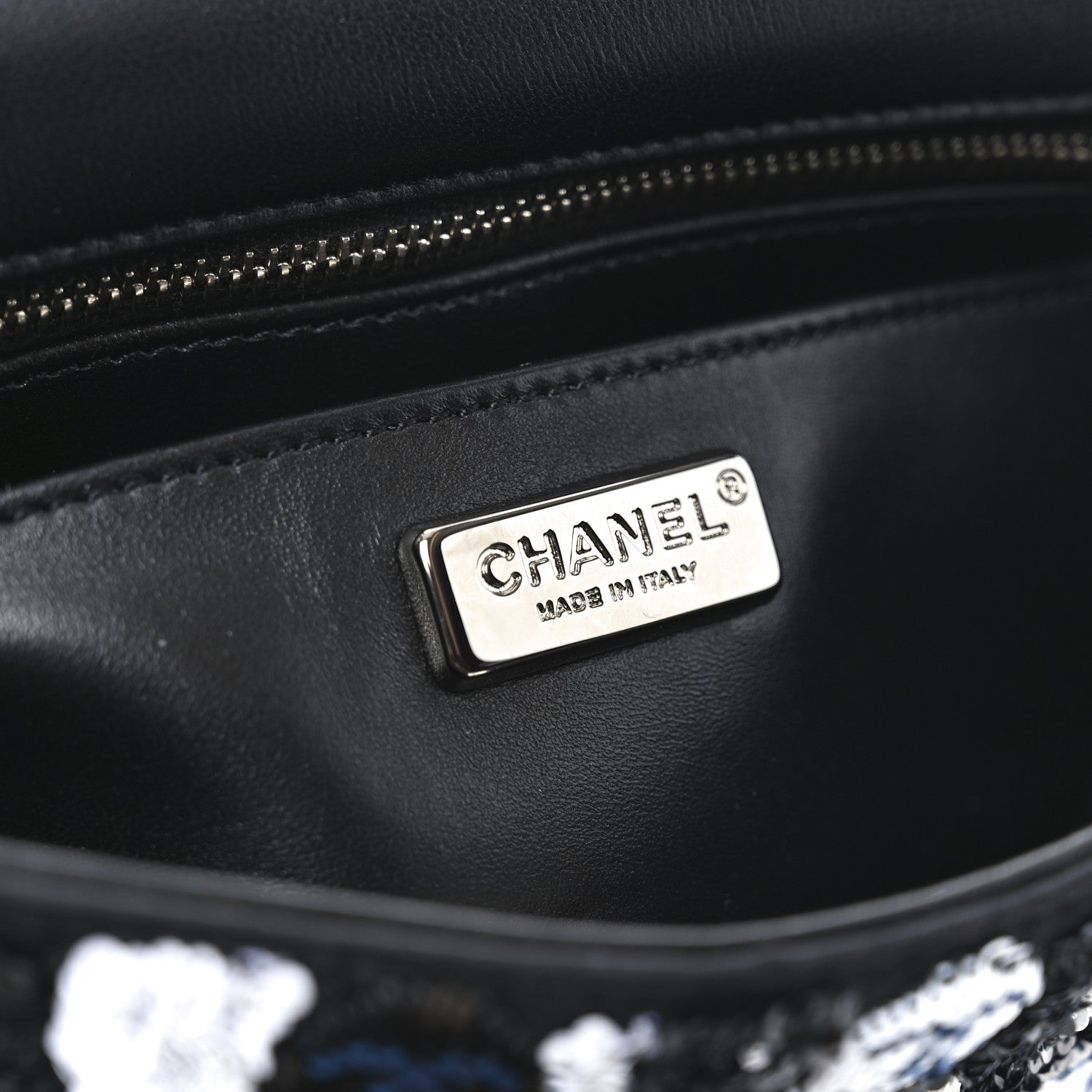 Chanel Satin Sequin Embellished Flower Mini Rectangular Flap Black White Blue 6 of 10
