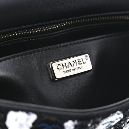 Chanel Satin Sequin Embellished Flower Mini Rectangular Flap Black White Blue 6 of 10