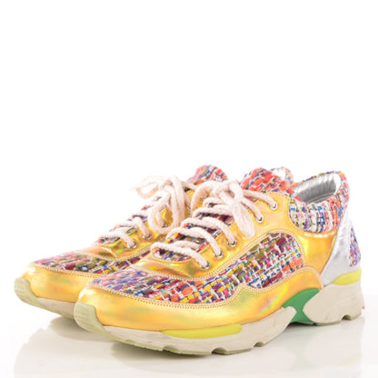 Chanel Tweed Lambskin Runway Sneakers 38 Gold 3 of 8