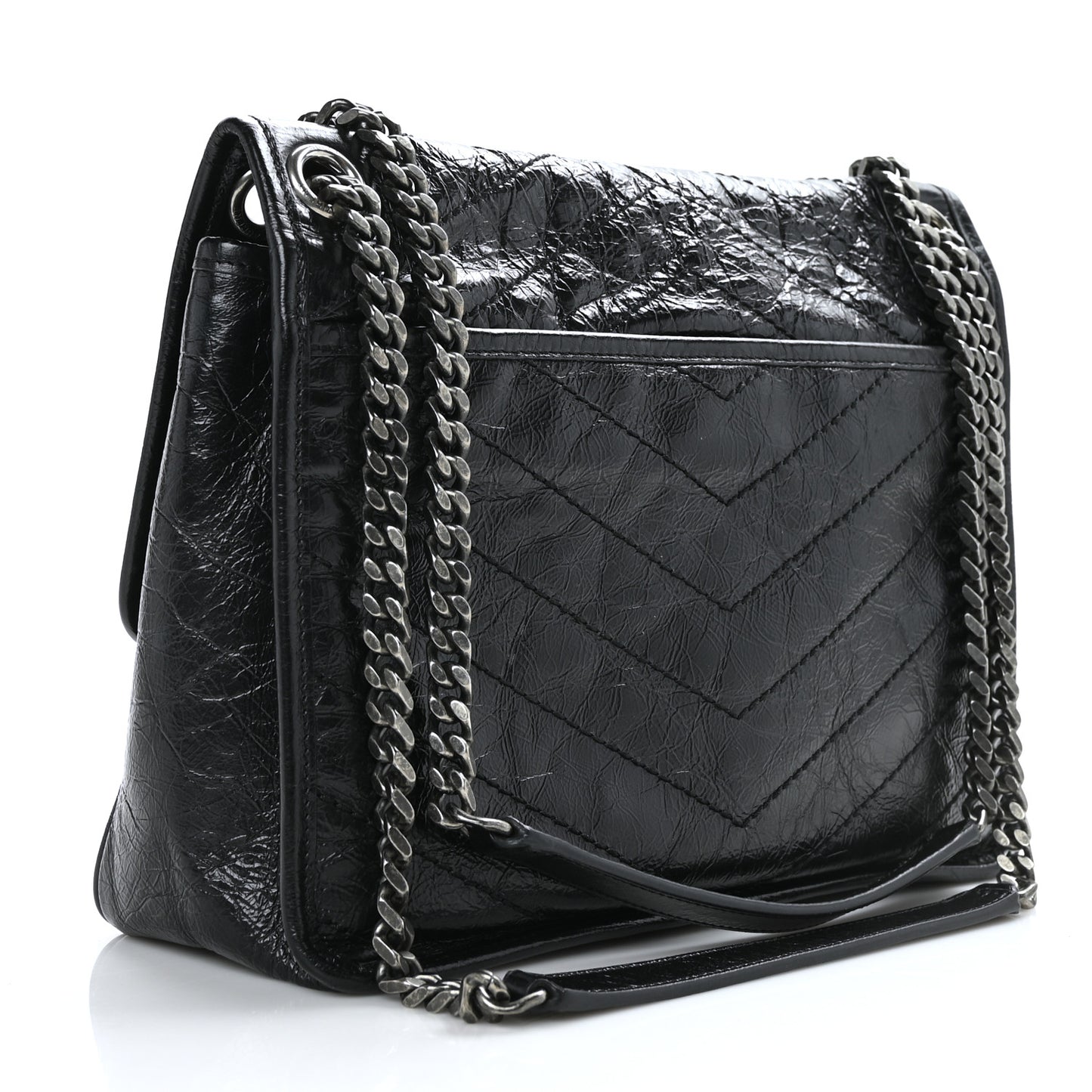 Crinkled Calfskin Matelasse Monogram Medium Niki Chain Satchel Black