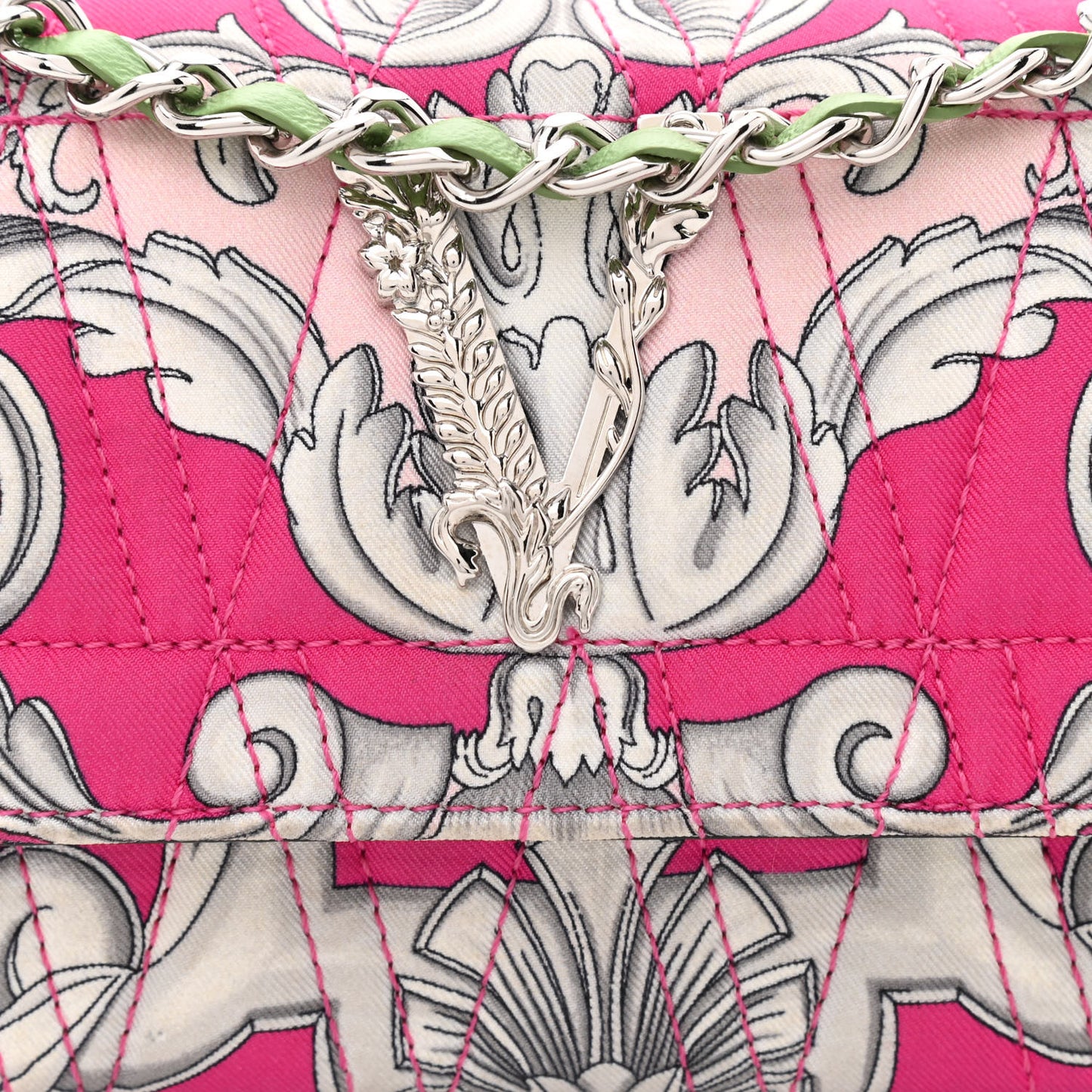 Silk Barocco Printed Quilted Virtus Chain Flap Shoulder Bag Fuschia