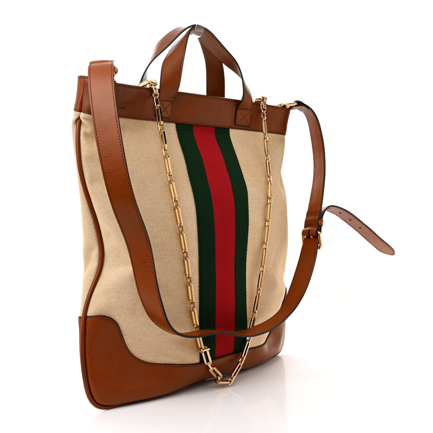 Gucci Vintage Canvas Calfskin Web Flat Tote Sand Light Cuir 3 of 11