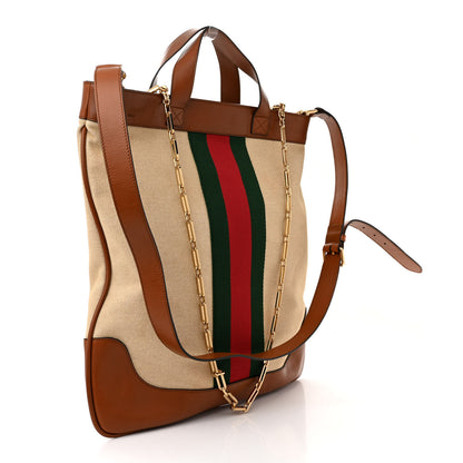 Gucci Vintage Canvas Calfskin Web Flat Tote Sand Light Cuir 3 of 11