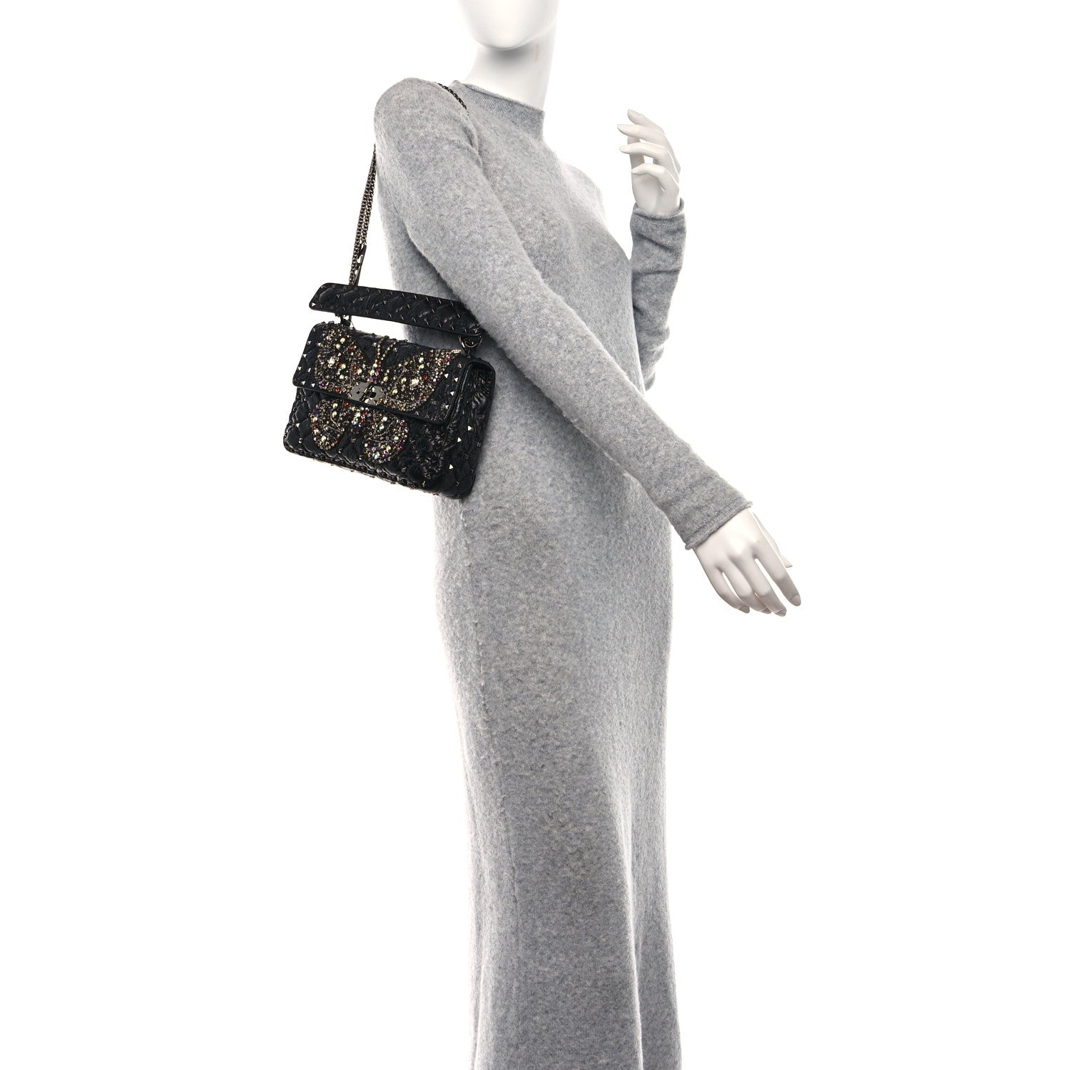 Valentino Garavani Craquele Nappa Butterfly Crystal Medium Rockstud Spike Shoulder Bag Black 3 of 9