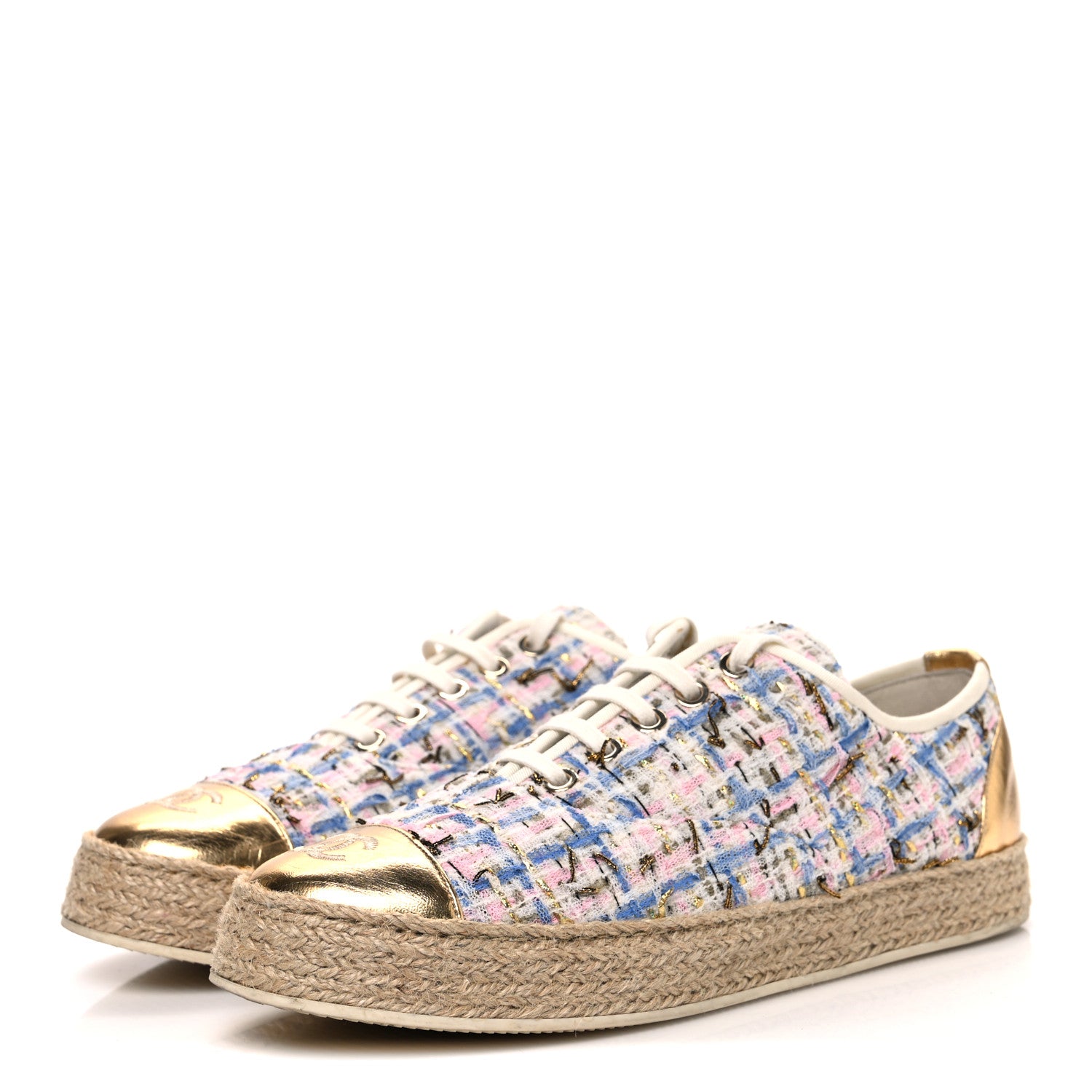 Chanel Tweed Laminated Lambskin Lace Up Espadrilles 39 Pink Blue Gold White 4 of 11