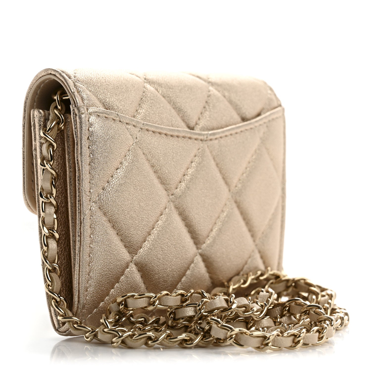 Chanel Metallic Lambskin Quilted Flap Card Holder On Chain Gold 3 of 11