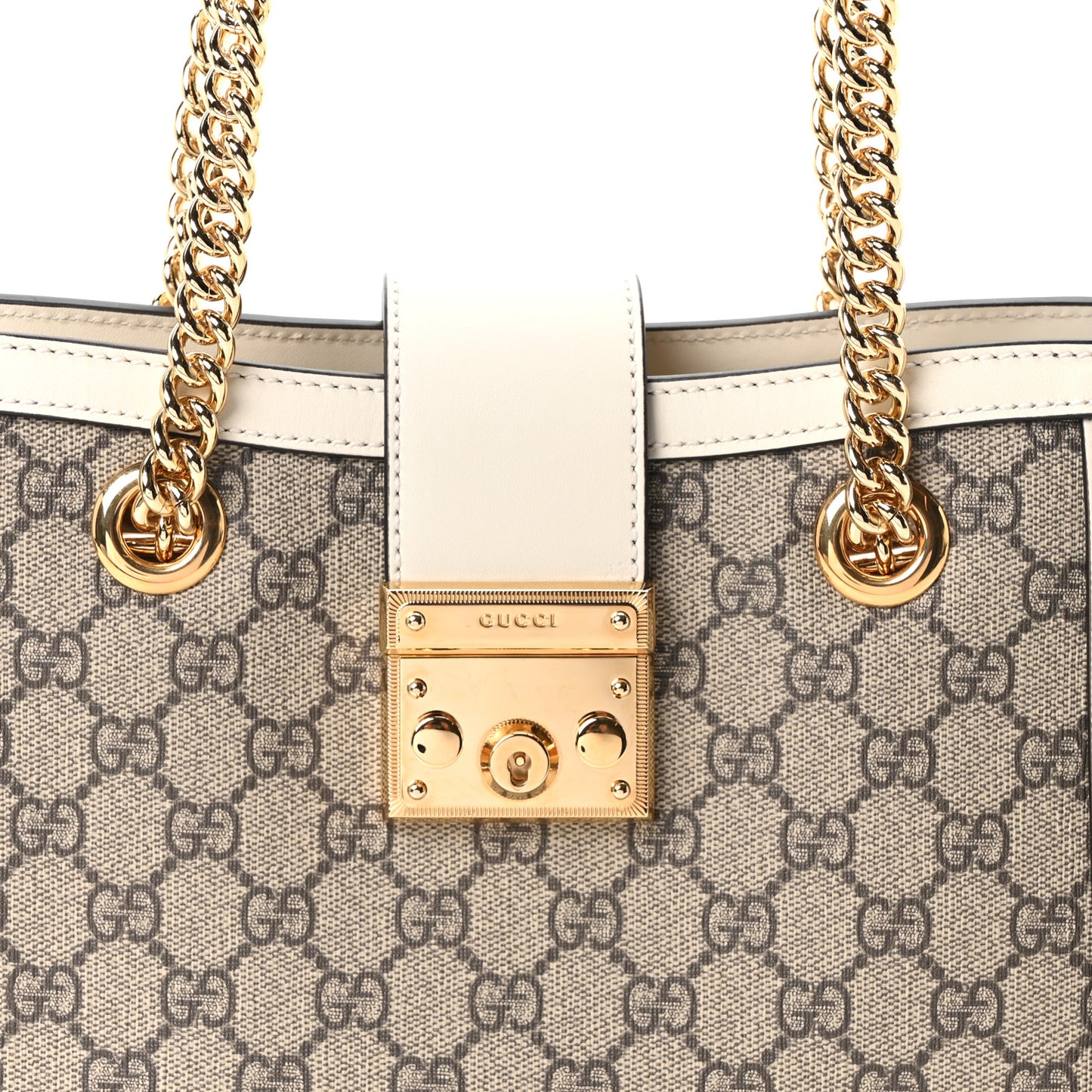 GG Supreme Monogram Moon Calfskin Small Padlock Tote Beige Ebony Mystic White