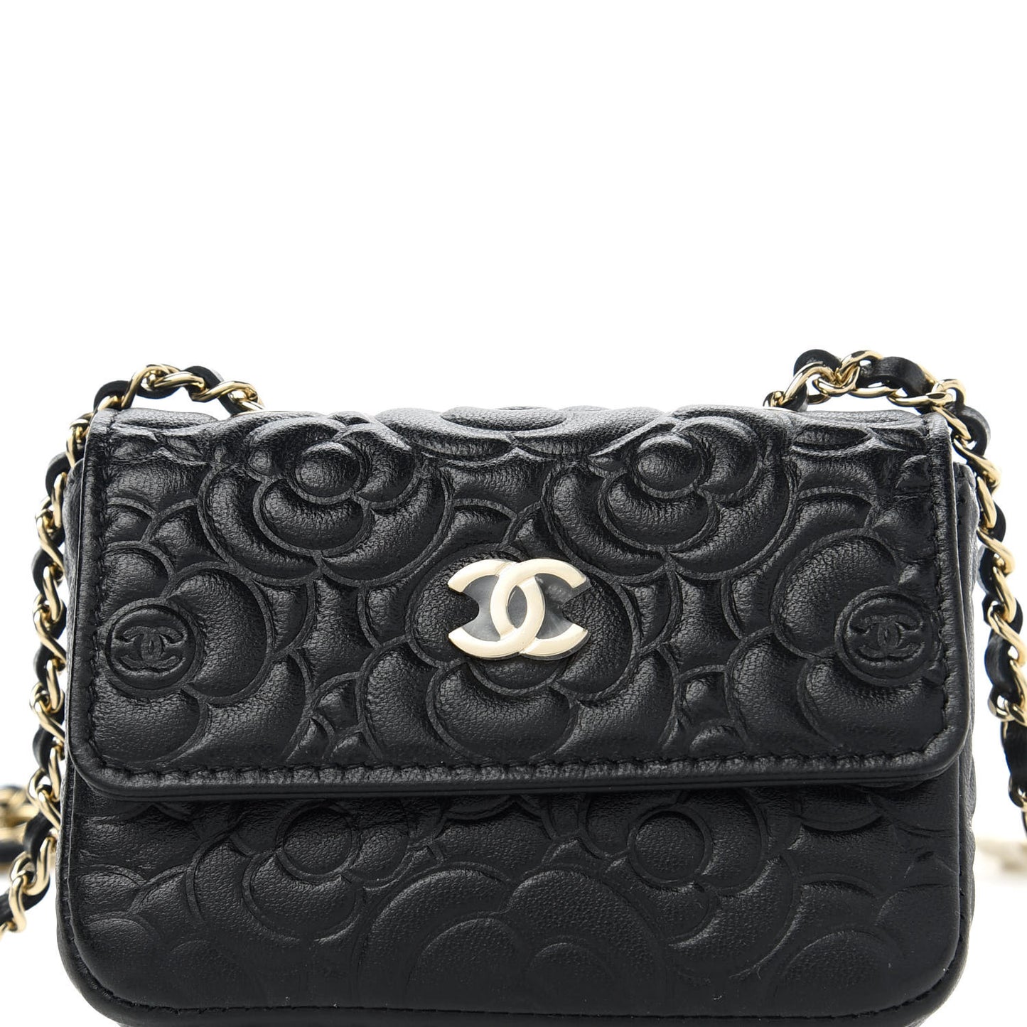 Caviar Camellia Embossed Chain Belt Bag Black