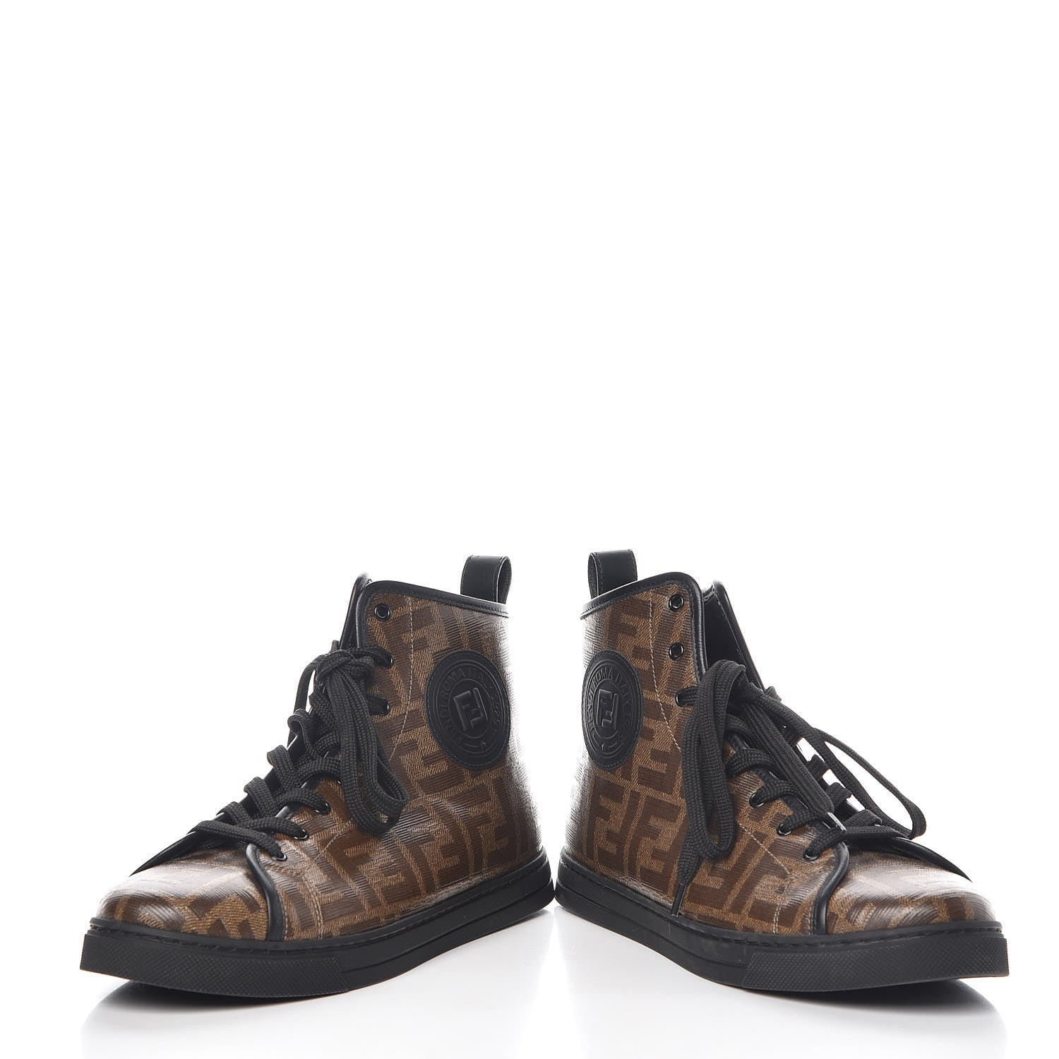 Fendi Glazed Fabric FF 1974 Stamp Patch High Top Sneakers 38.5 Mogano Panna Black 6 of 12