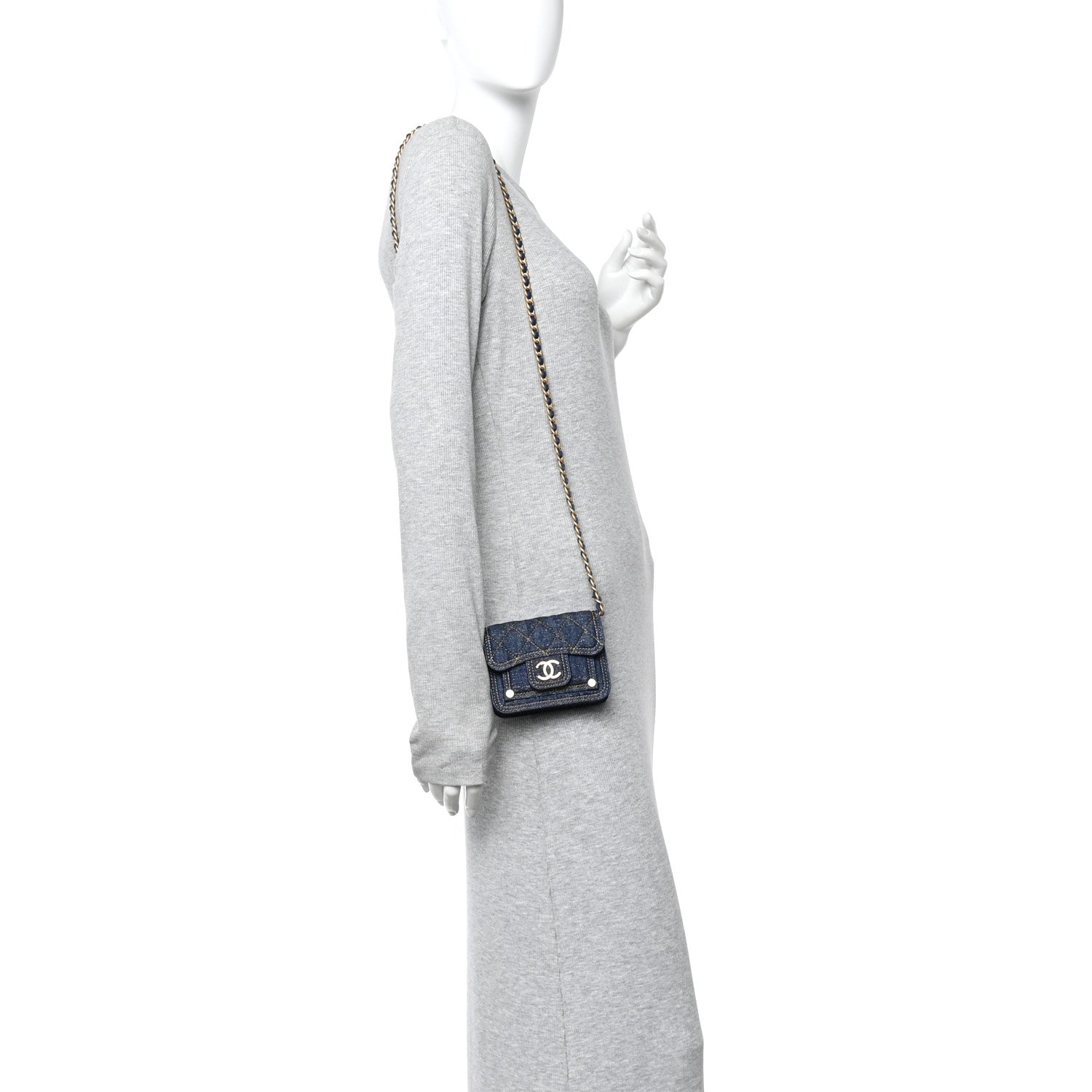 Chanel Denim Quilted Double You Card Holder On Chain Blue 2 of 11