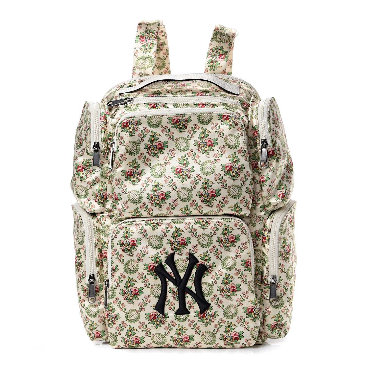 Gucci X MLB Satin Floral Print NY Yankees Patch Backpack Ivory Green 1 of 10