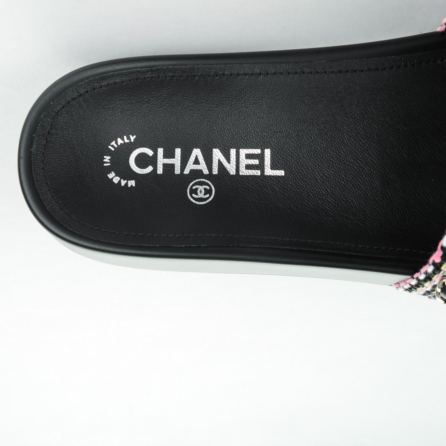 Tweed Lambskin Chain Flat Sandals Black 41 Multicolor