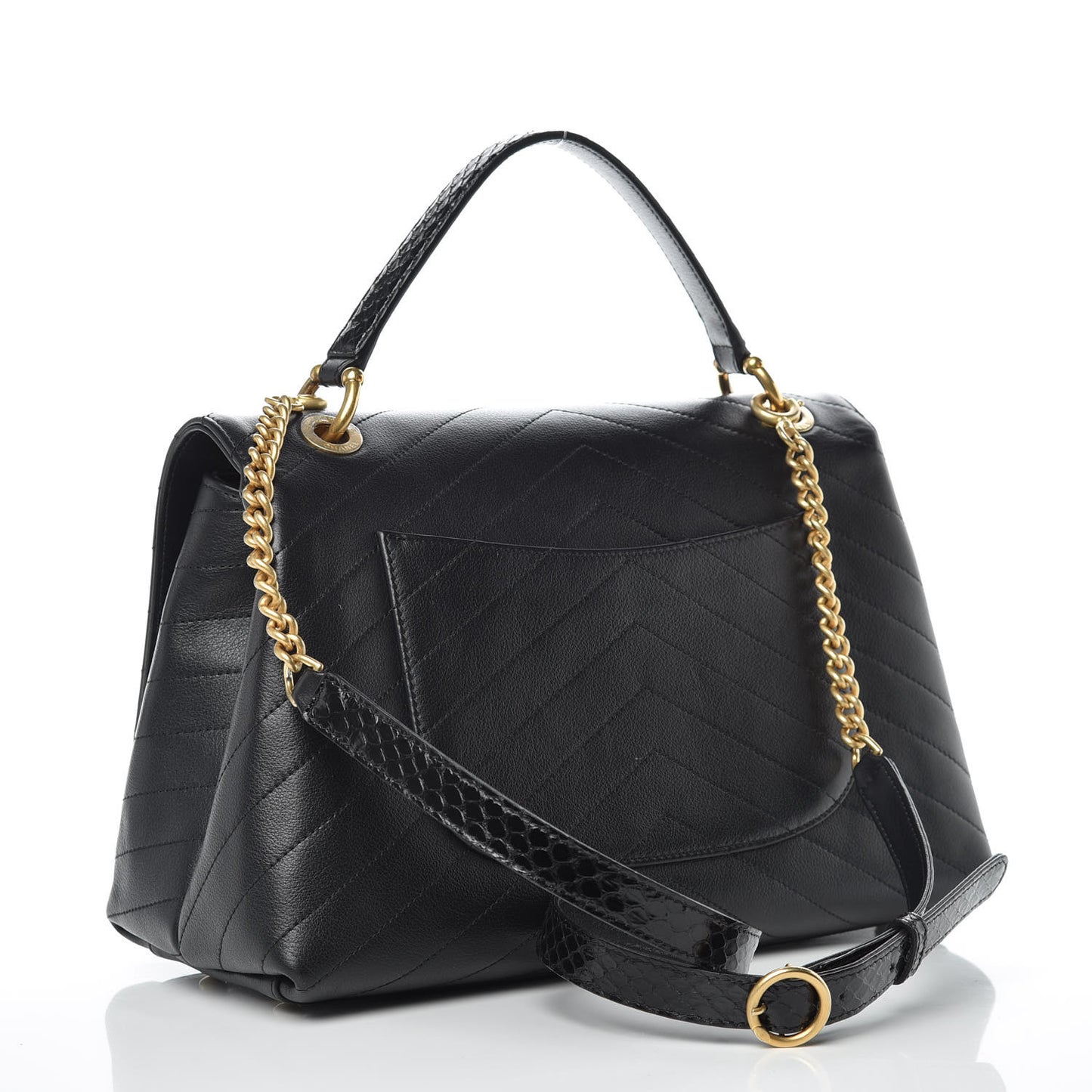 Grained Calfskin Elaphe Stitched Medium Chevron Chic Top Handle Flap Black