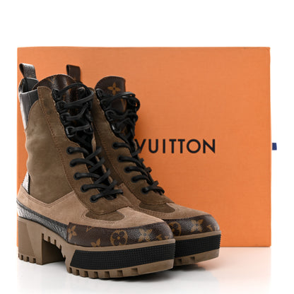 Louis Vuitton Suede Calfskin Crocodile Embossed Patent Monogram Laureate Platform Desert Boots 37 Taupe 9 of 9