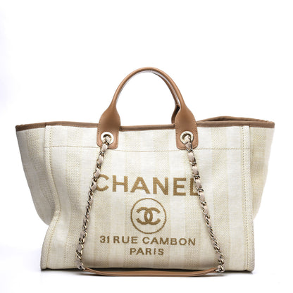 Chanel Straw Raffia Calfskin Striped Medium Deauville Tote Beige 1 of 10