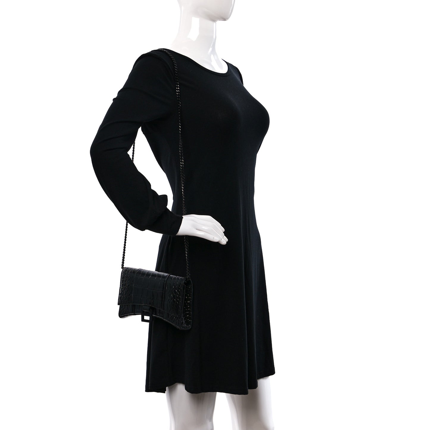 Shiny Calfskin Monochrome Crocodile Embossed Hourglass Chain Bag Black