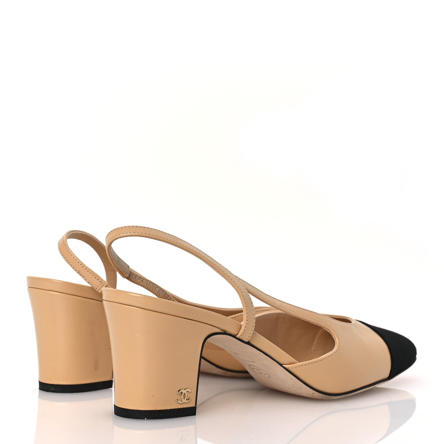 Chanel Goatskin Grosgrain Cap Toe CC Slingback Pumps 40 Beige Black 5 of 12
