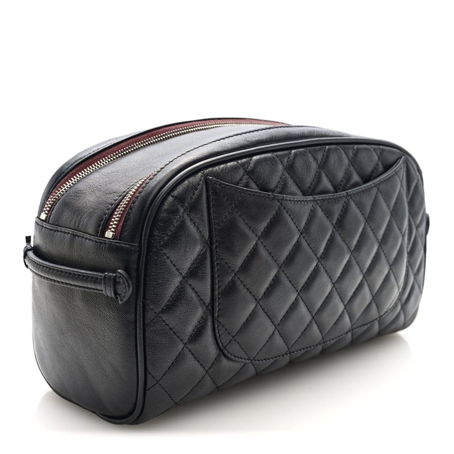 Lambskin Quilted Large Curvy Pouch Cosmetic Case Black
