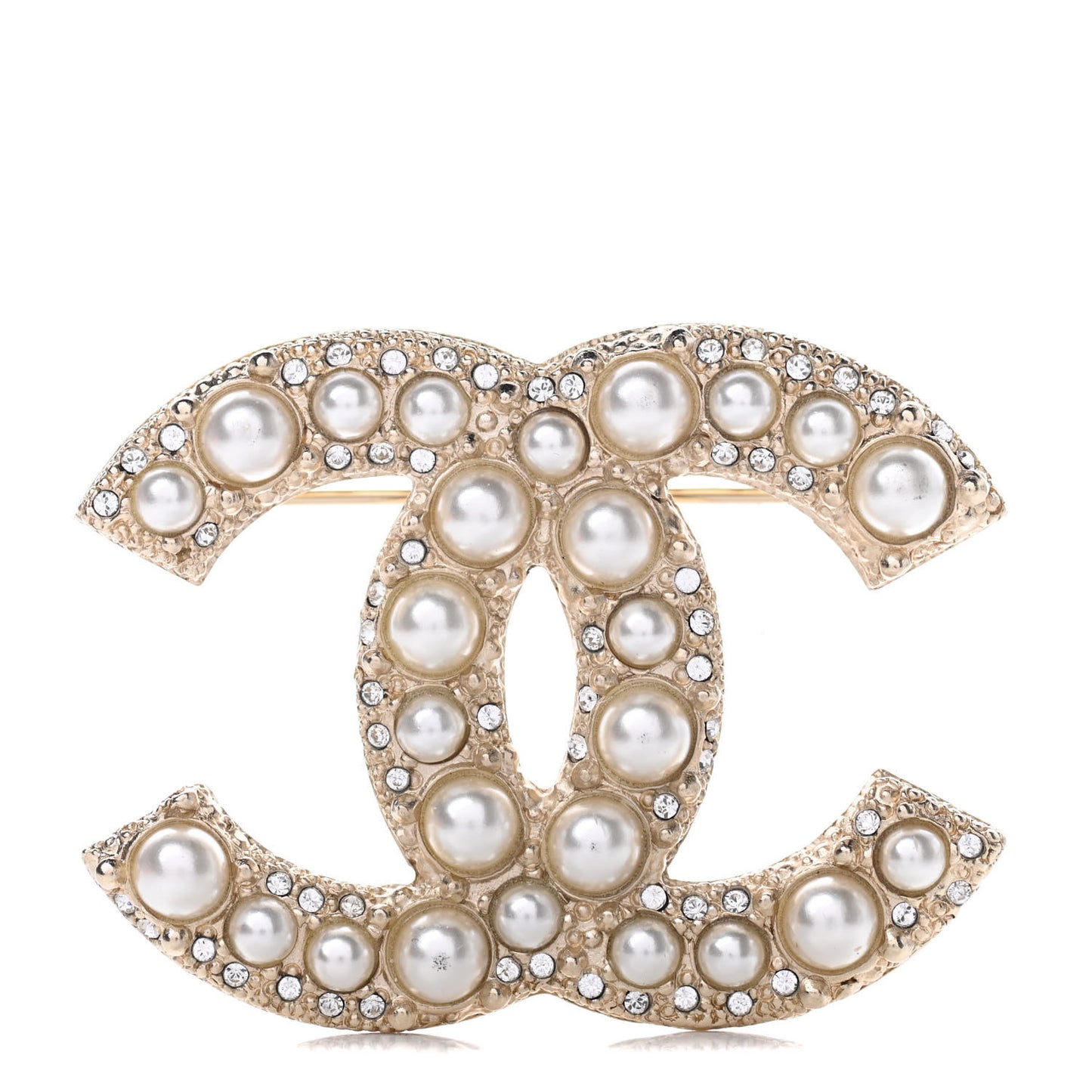 Metal Crystal Graduated Pearl CC Brooch Gold