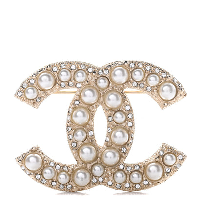 Chanel Metal Crystal Graduated Pearl CC Brooch Gold 1 of 7