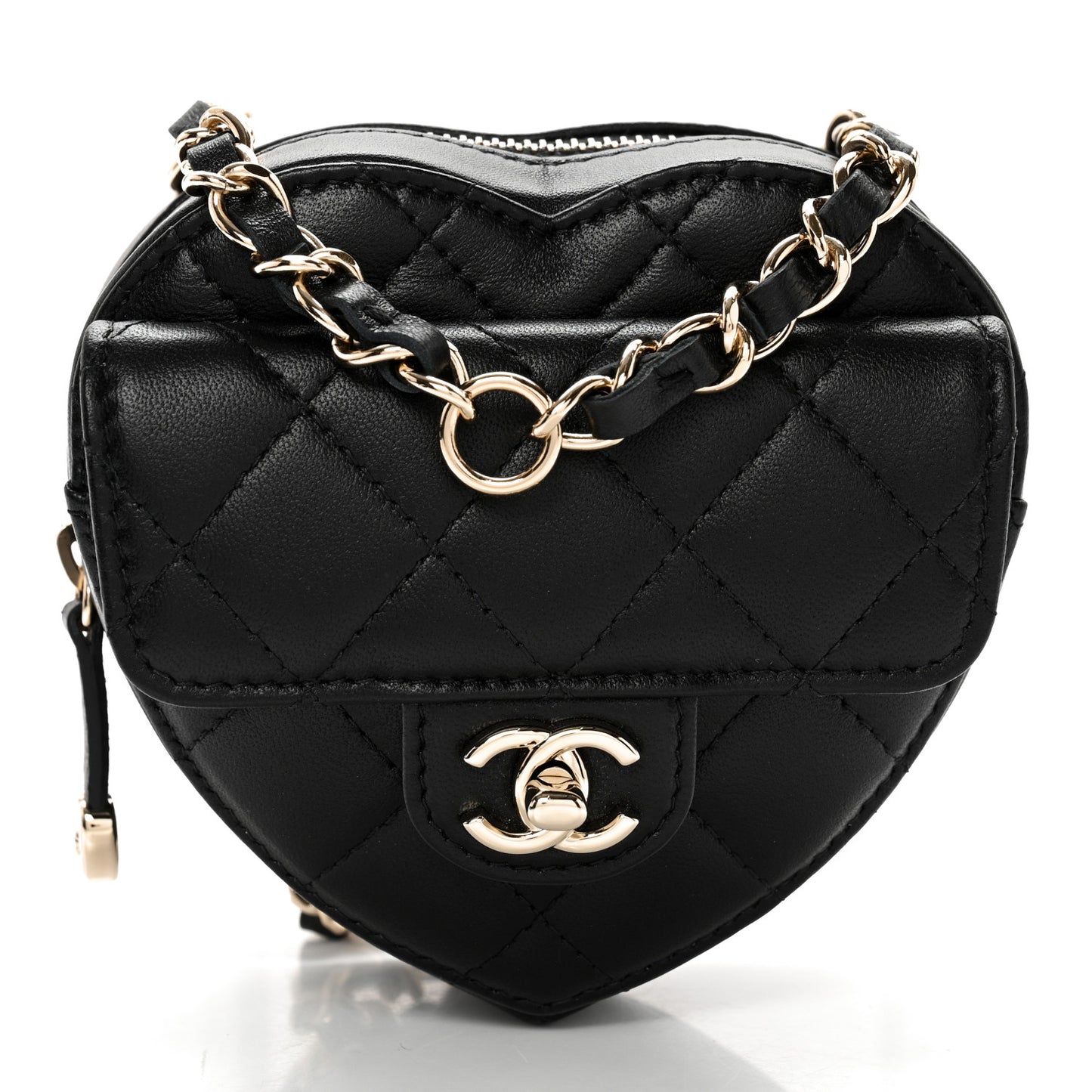 Lambskin Quilted CC In Love Heart Waist Belt Bag With Chain Black