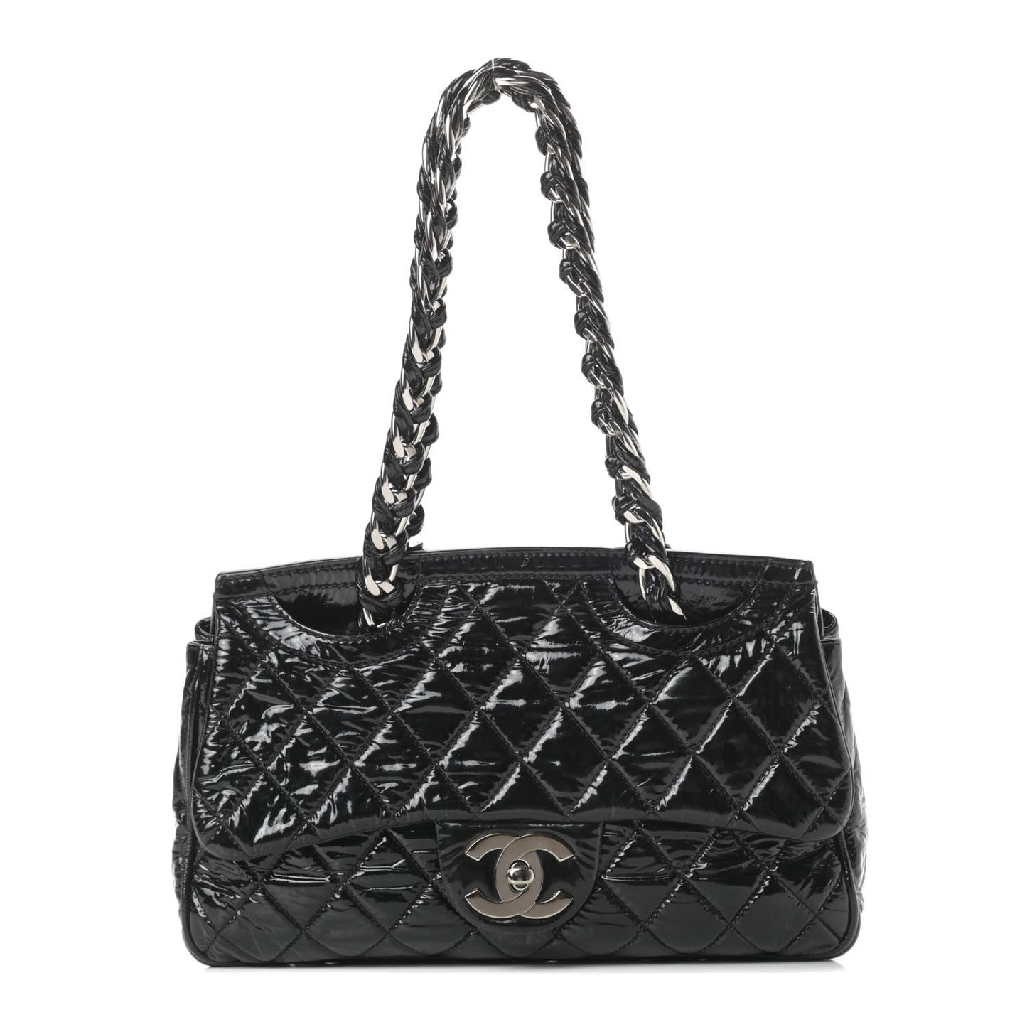 Patent Quilted Day Glo Flap Bag Black