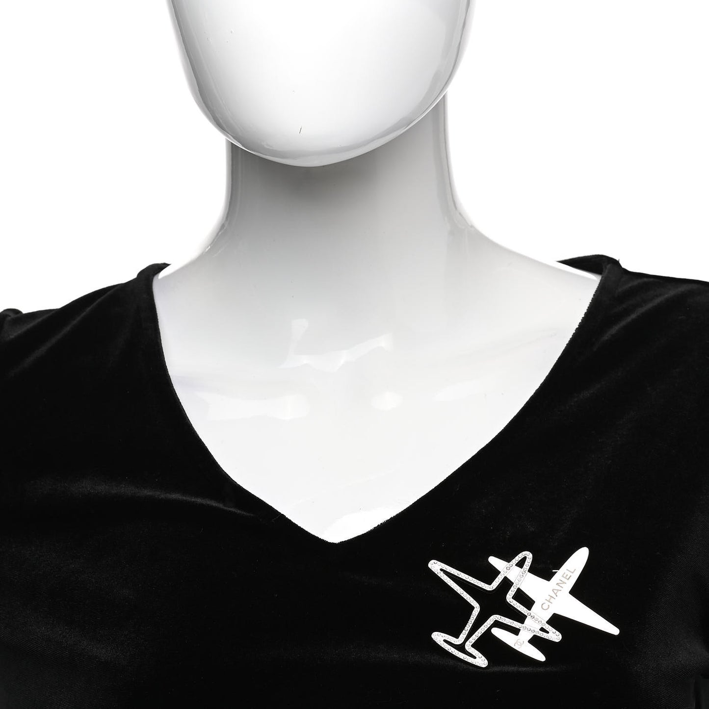 Crystal Metal CC Airplane Brooch Silver