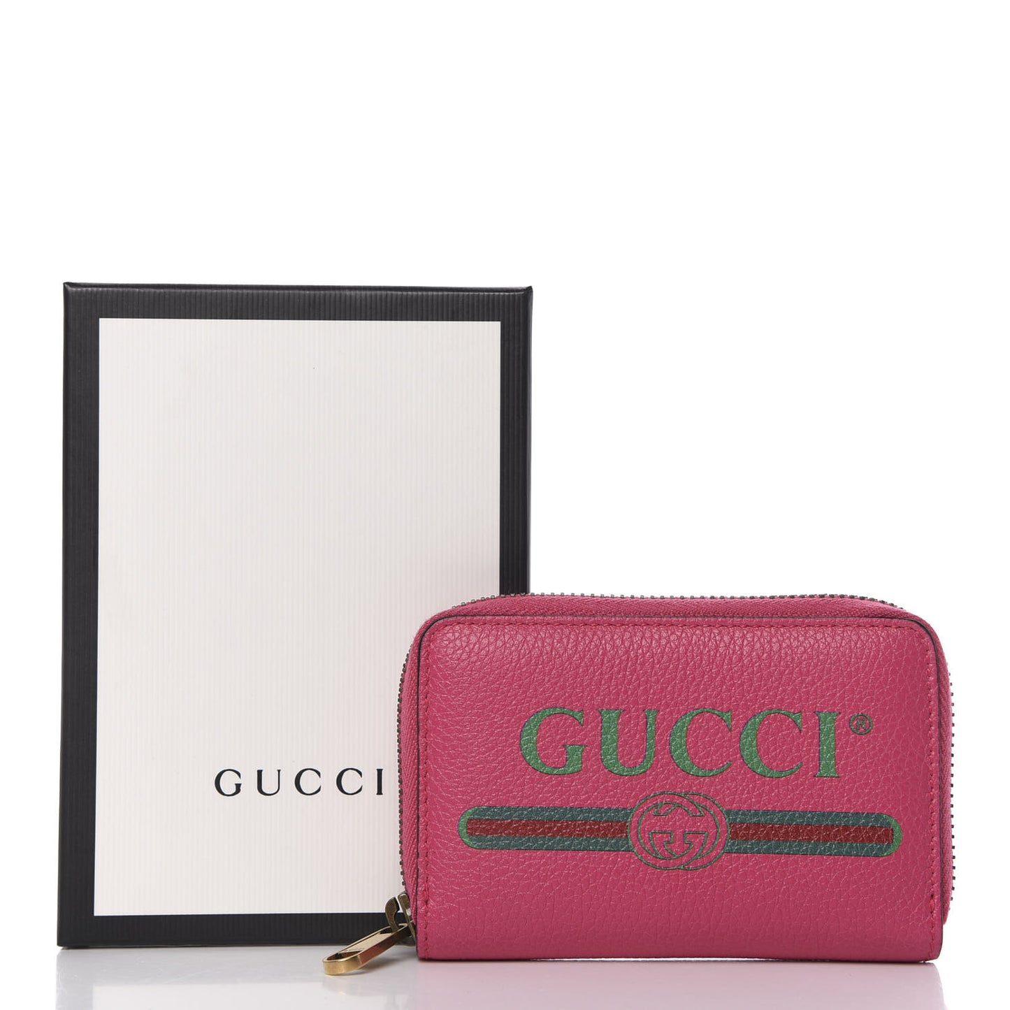 Grained Calfskin Logo Zip Around Card Case Box Pink Green