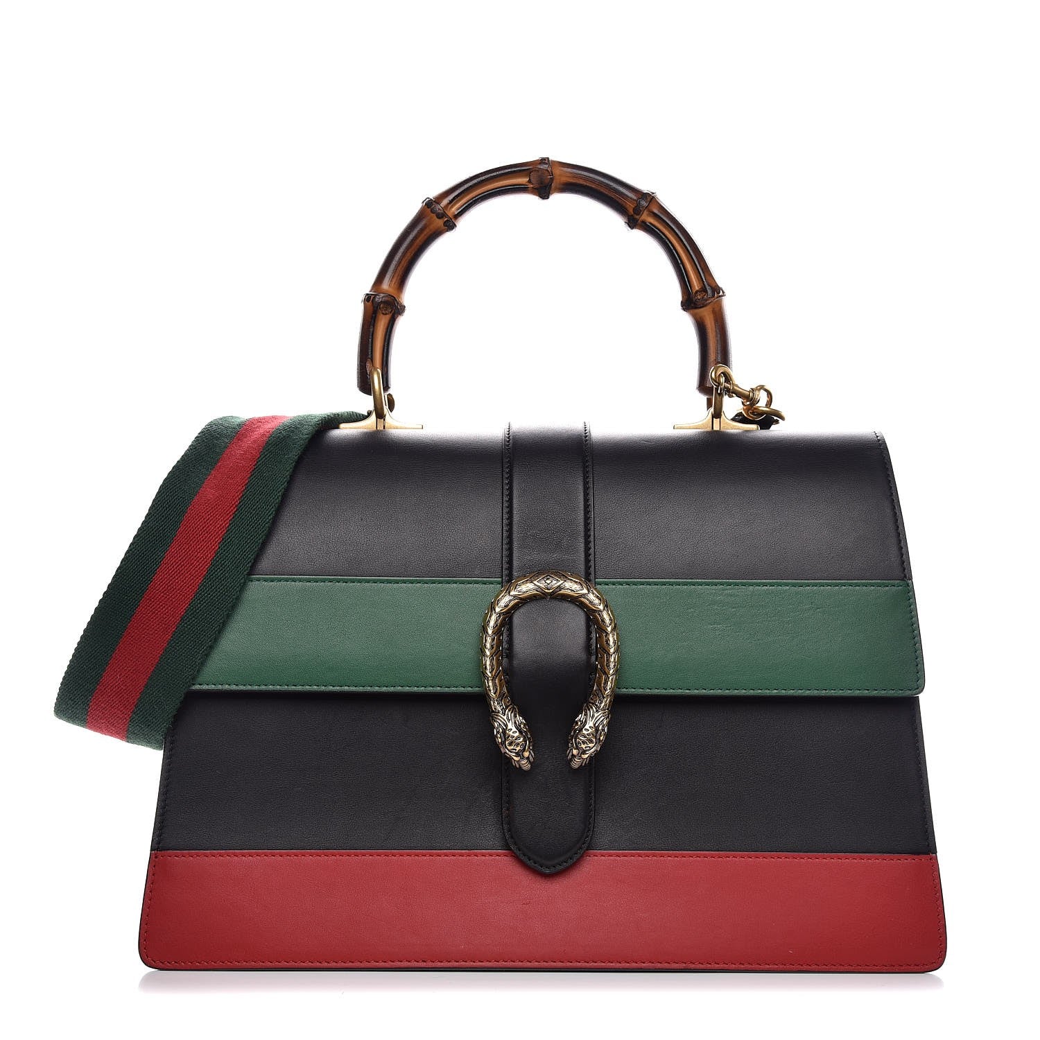 Gucci Calfskin Bamboo Web Large Dionysus Top Handle Bag Black Bright Evergreen Hibiscus Red 1 of 11