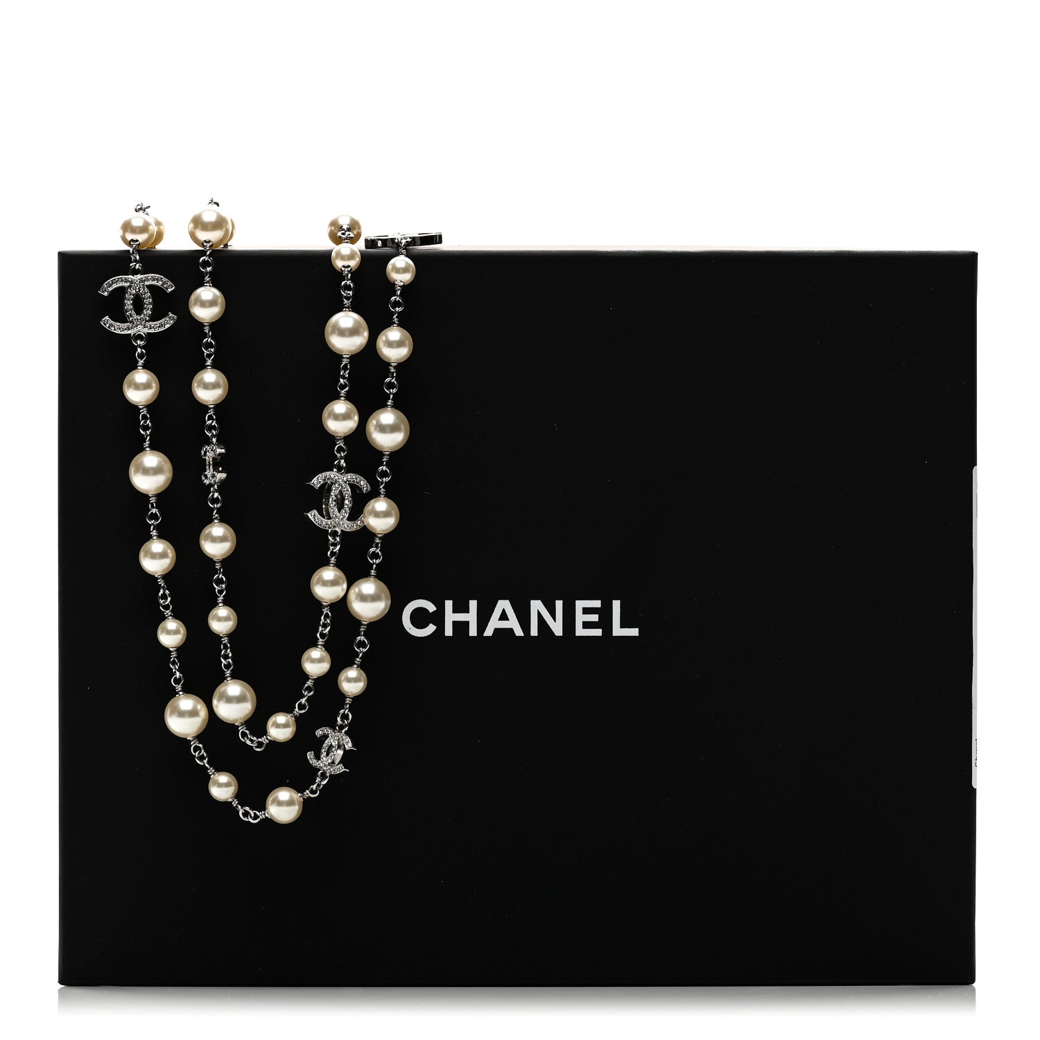 Chanel Graduated Pearl Crystal CC Long Necklace Silver 1812810