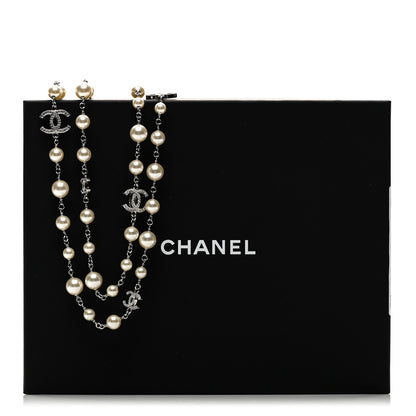 Chanel Graduated Pearl Crystal CC Long Necklace Silver 6 of 6