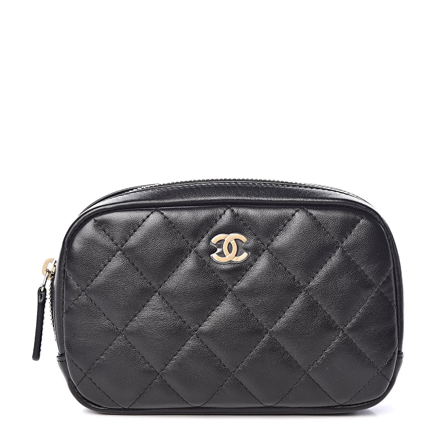 Lambskin Quilted Small Curvy Pouch Cosmetic Case Black