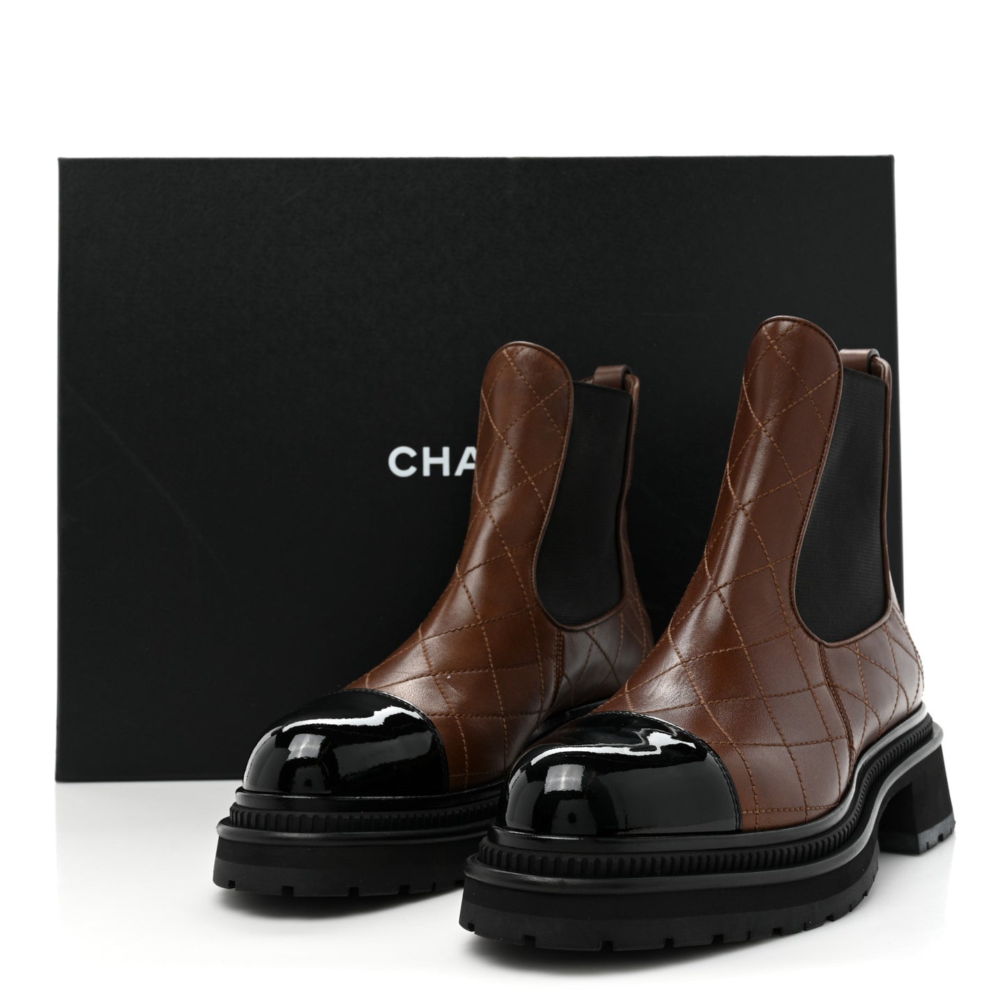 Calfskin Patent Cap Toe Quilted Short Boots 40 Brown Black