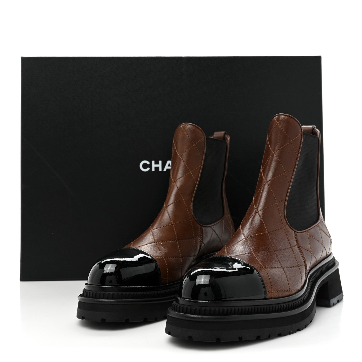 Chanel Calfskin Patent Cap Toe Quilted Short Boots 40 Brown Black 10 of 10