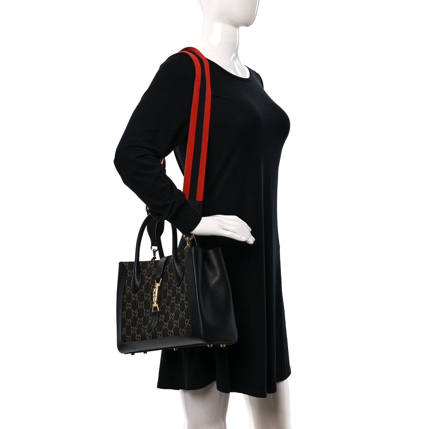 Gucci Jacquard Black Denim GG Monogram Textured Dollar Calfskin Medium Jackie 1961 Tote Black Ivory 2 of 10