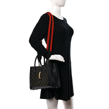 Gucci Jacquard Black Denim GG Monogram Textured Dollar Calfskin Medium Jackie 1961 Tote Black Ivory 2 of 10