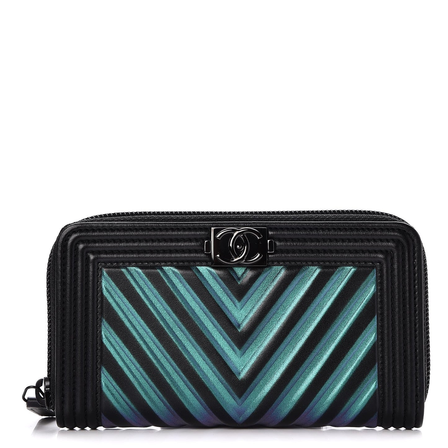 Calfskin Painted Chevron Embossed Small Boy Zip Wallet Black