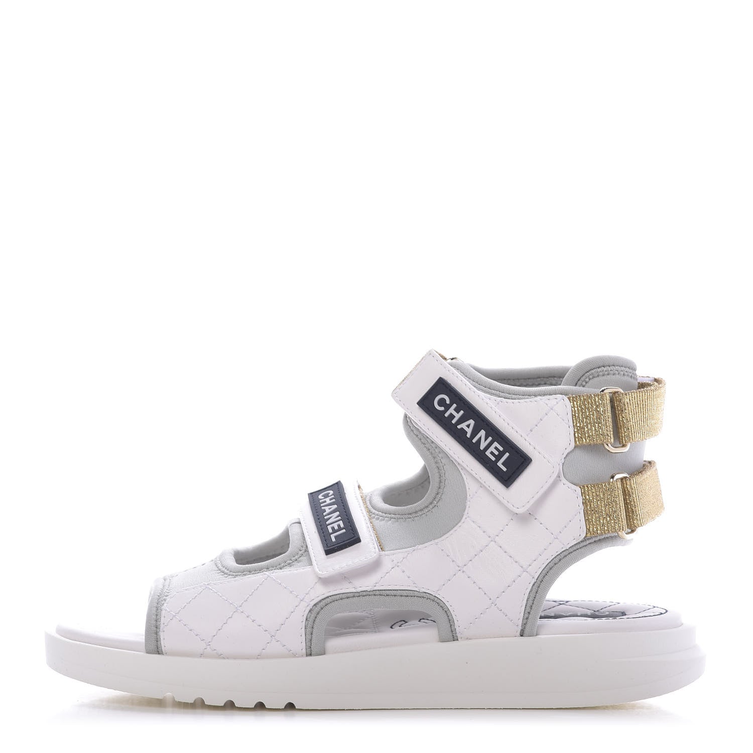 Chanel Goatskin Fabric Gladiator Sandals 37.5 White Light Grey Navy Blue 1 of 10