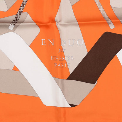 Hermes Silk En Duo Scarf 90 Orange Blanc Sepia 3 of 5