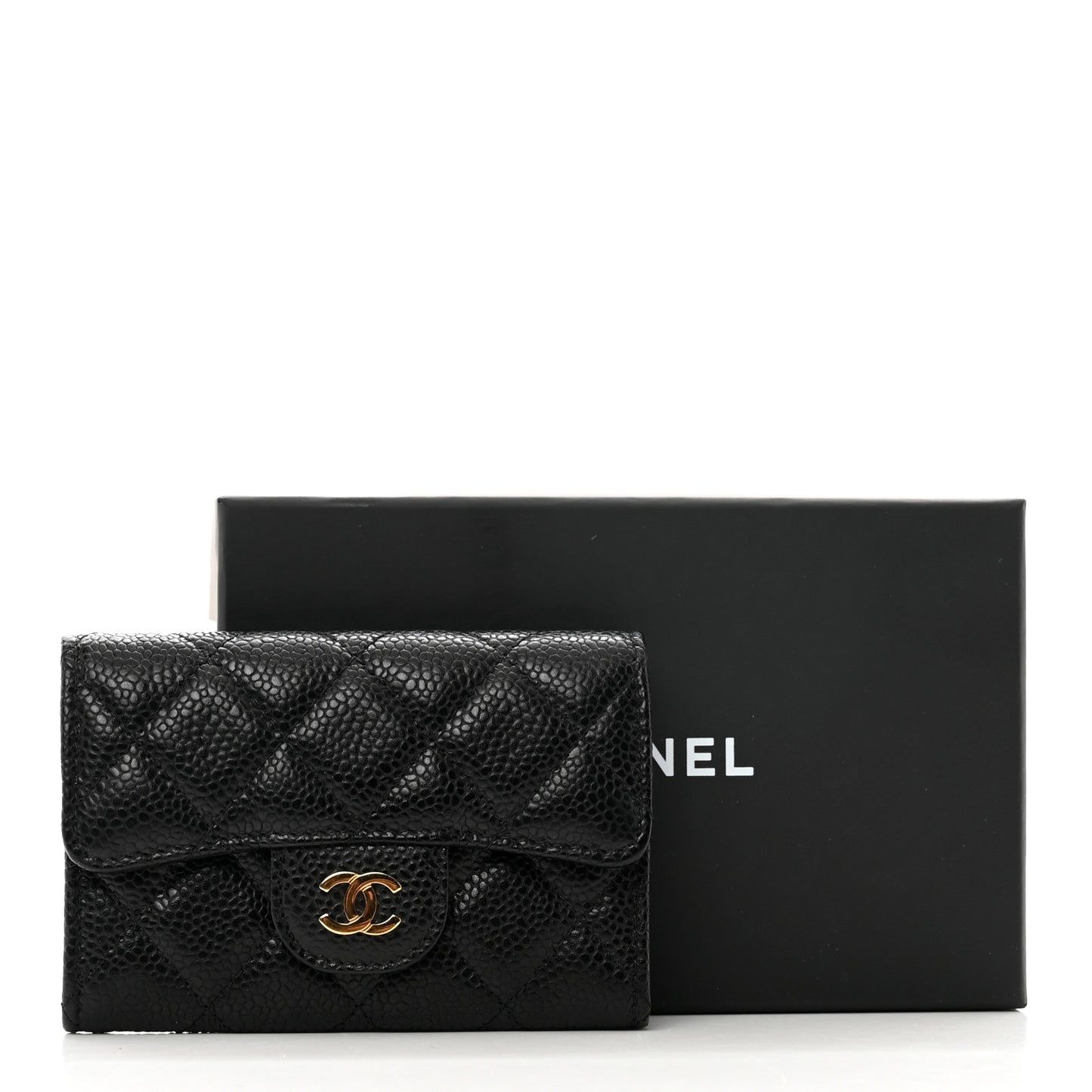Caviar Quilted Flap Card Holder Wallet Black