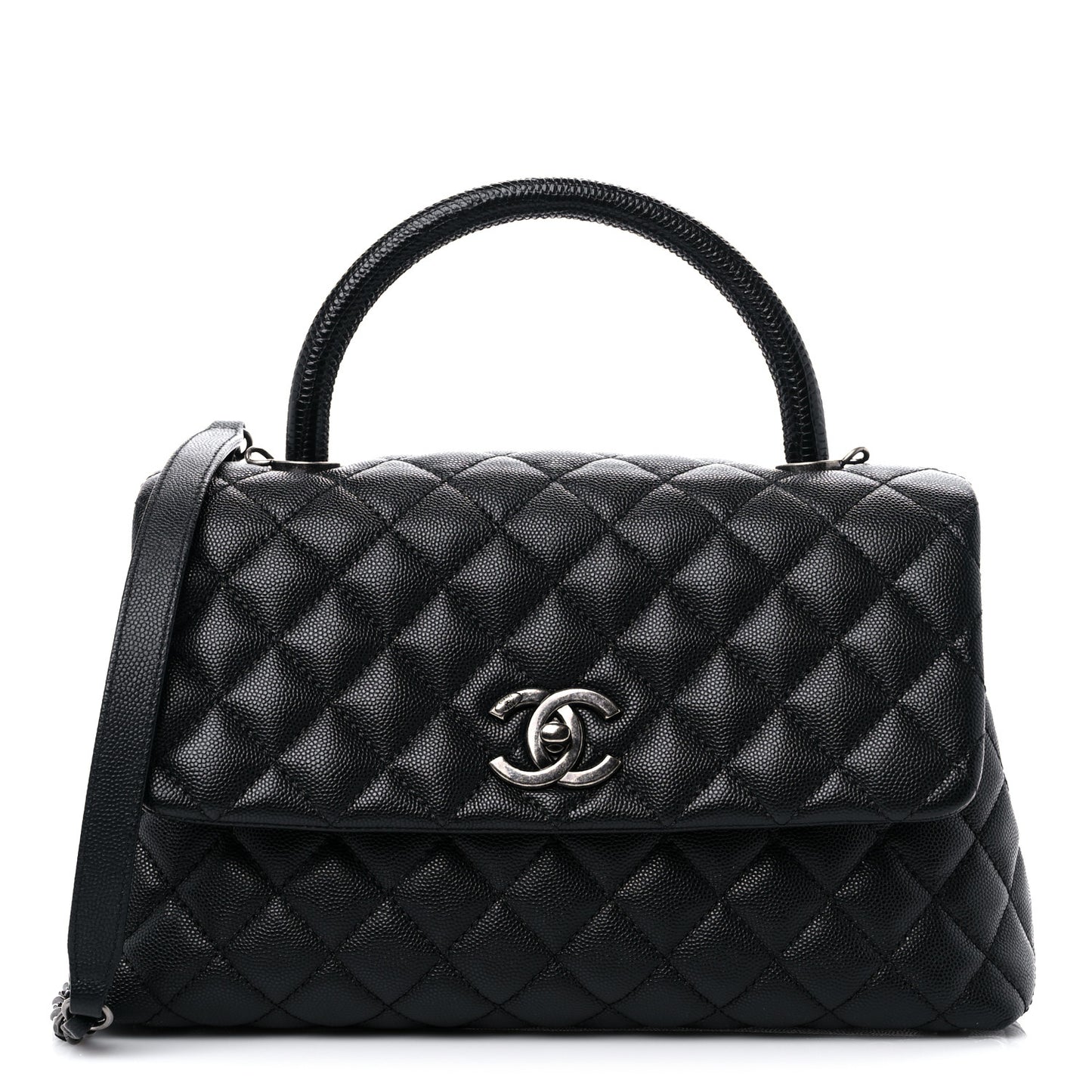 Caviar Lizard Quilted Small Coco Handle Flap Black