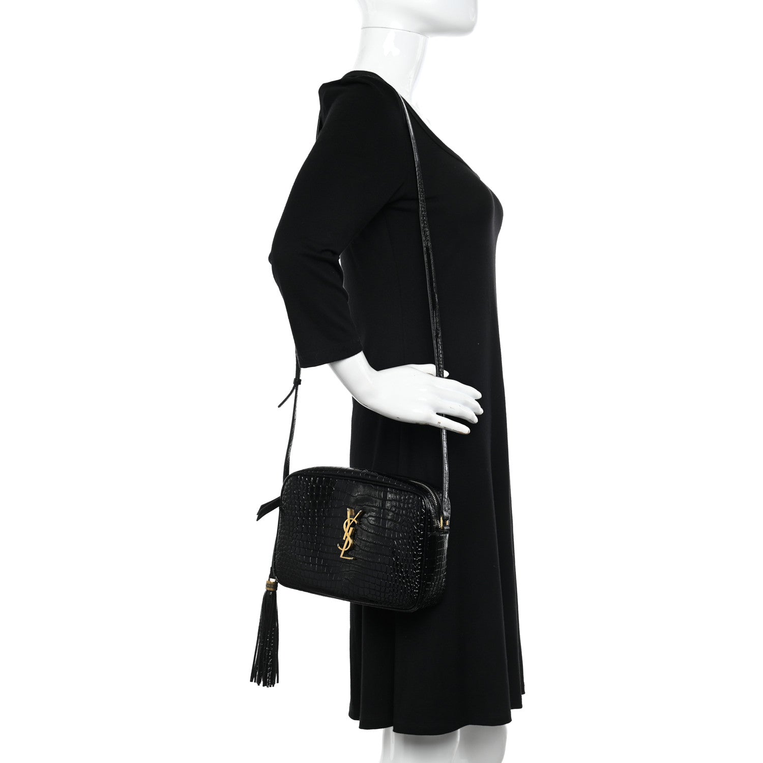Saint Laurent Patent Calfskin Crocodile Embossed Monogram Lou Camera Bag Black 2 of 16