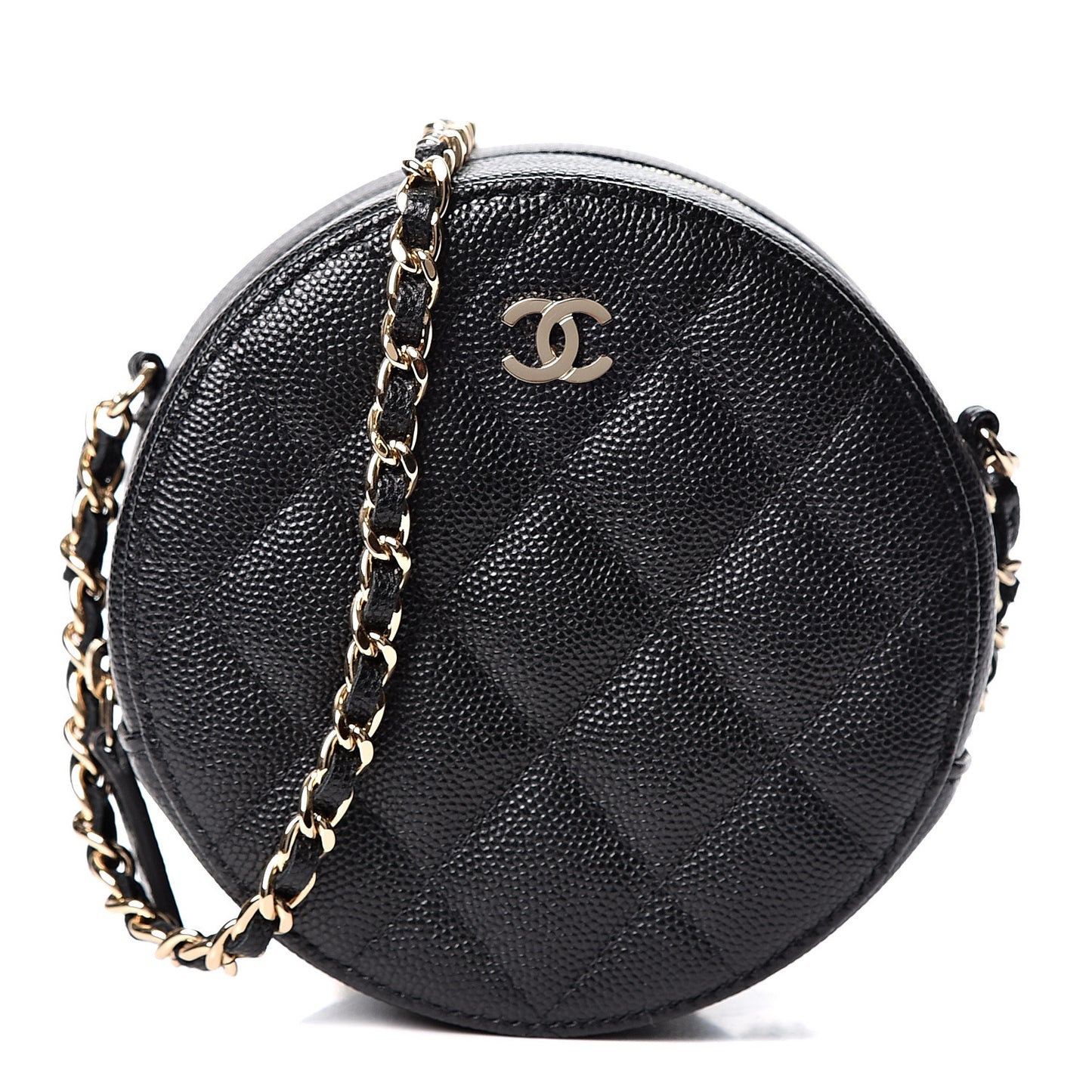 Caviar Quilted Round Clutch With Chain Black