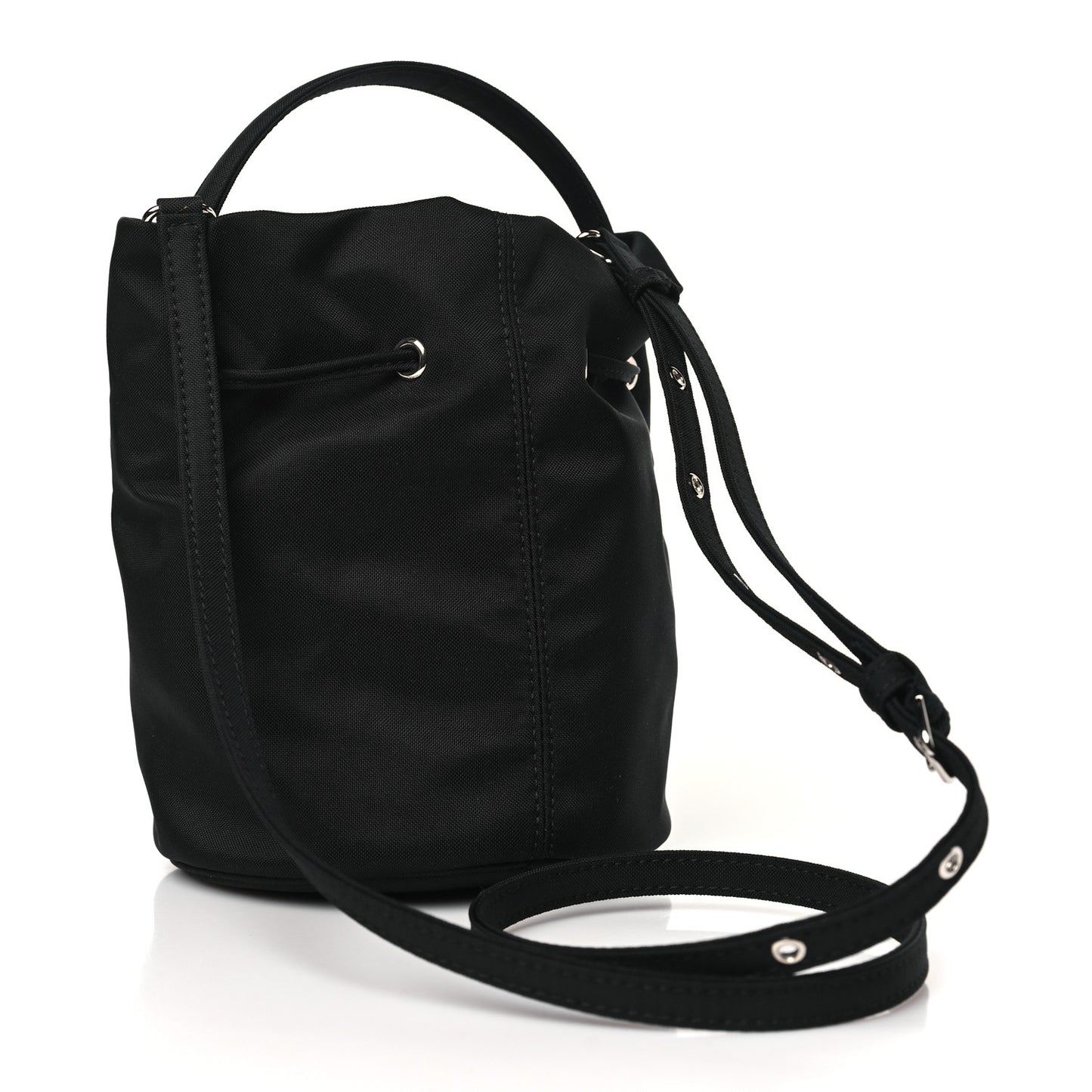 Recycled Sport Nylon Logo Embroidered Wheel Drawstring Bucket Bag Black White